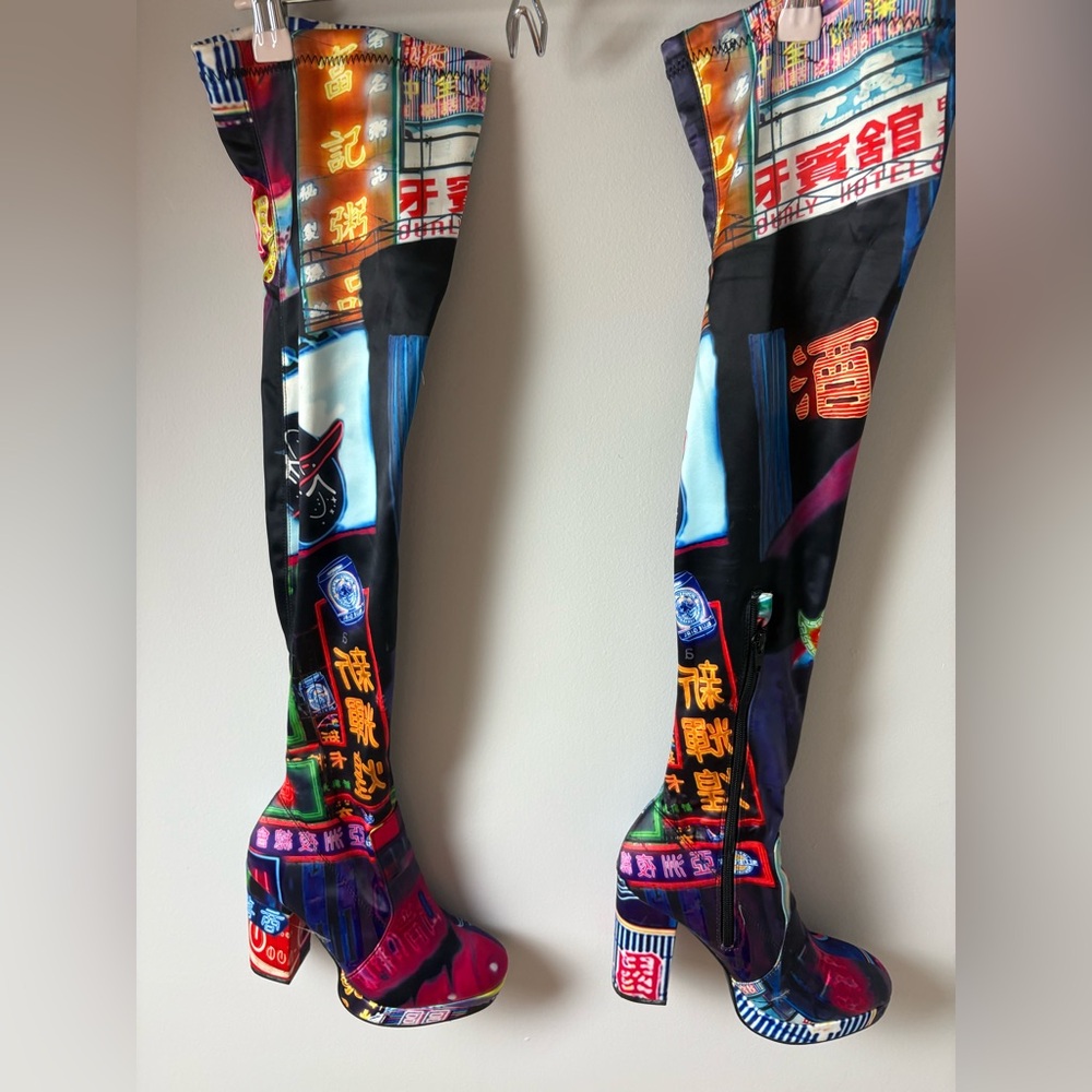 Dolls Kill Current Mood Multicolor Graphic Print Neon lights Knee high Boots